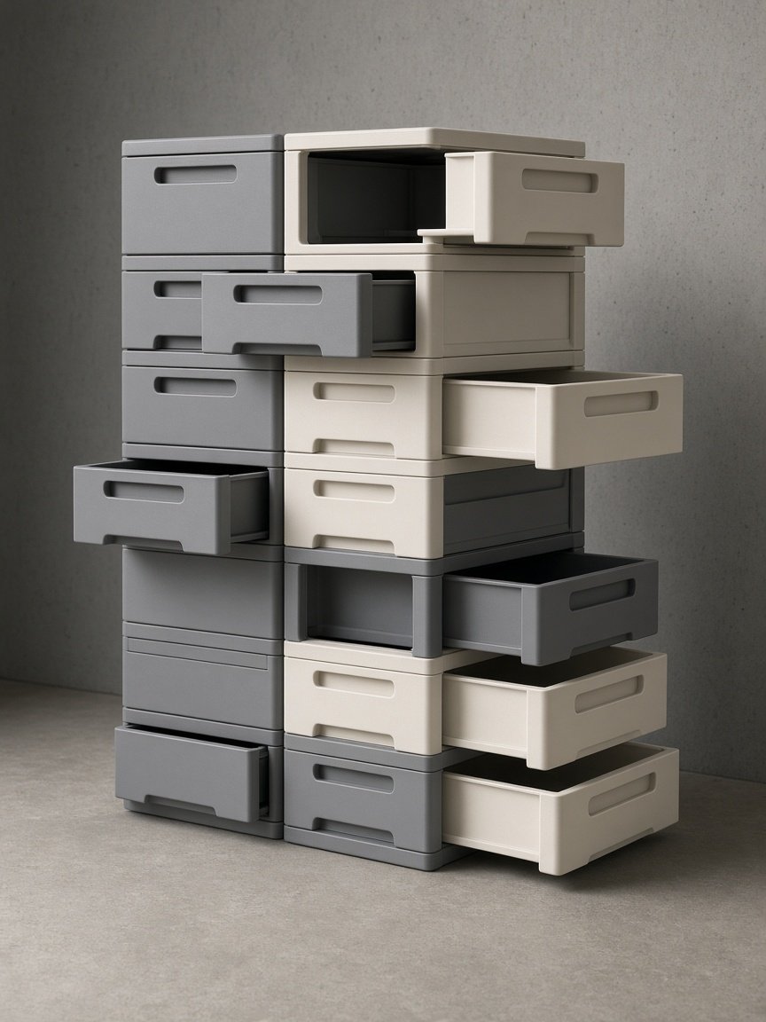 Industrial storage bins with drawers pulled to different distances