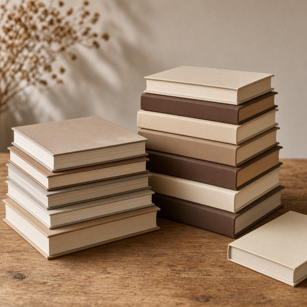 Stacked catalogues and books of uneven height on a timber surface
