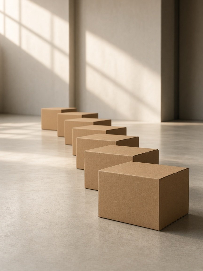 Cardboard shipping cartons standing at uneven intervals on a warehouse floor