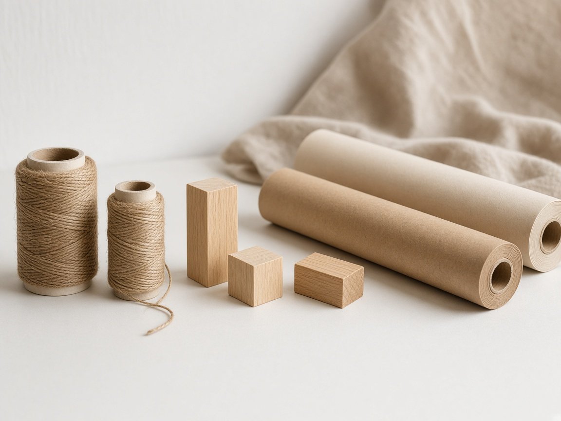 Craft materials arranged in a line with unequal gaps on a pale table