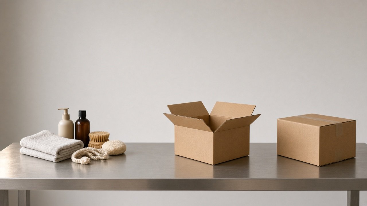 A mail-order packing bench with goods, an open box and a closed parcel spaced apart