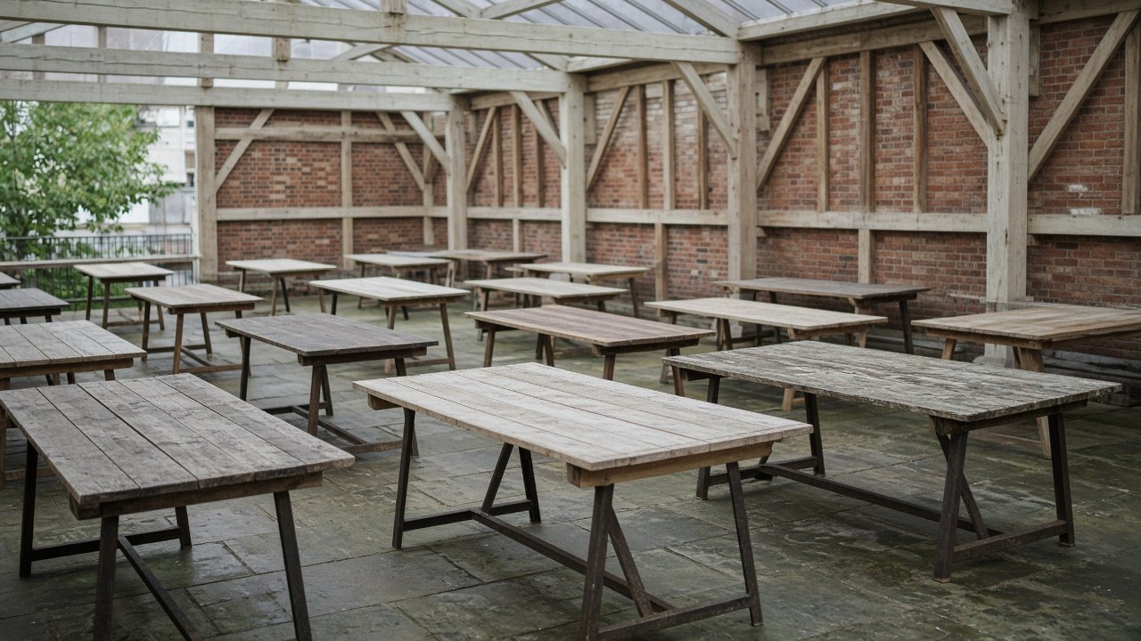 Empty market tables placed at irregular distances in a covered courtyard