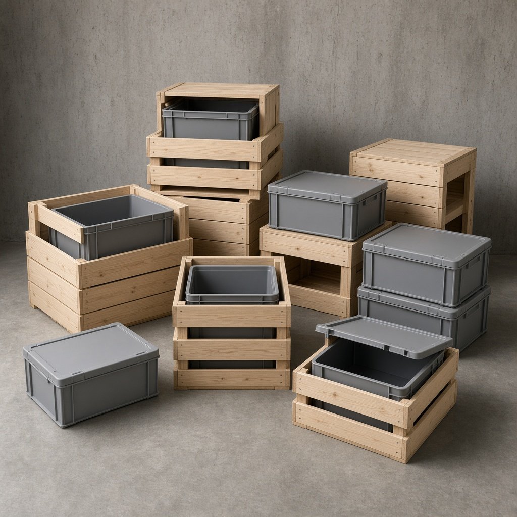 Wooden crates and polymer totes stacked in open and closed states