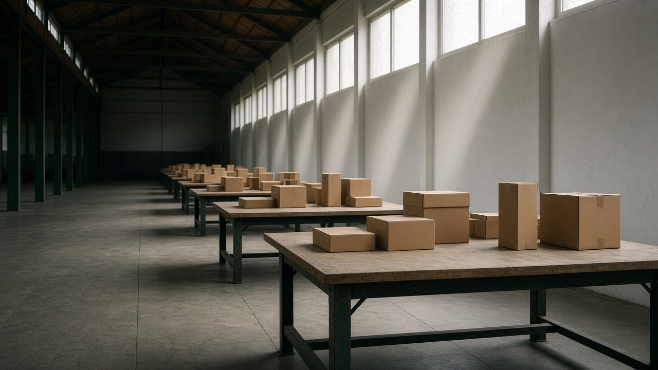 A long packing hall with worktables receding in a repeating interval