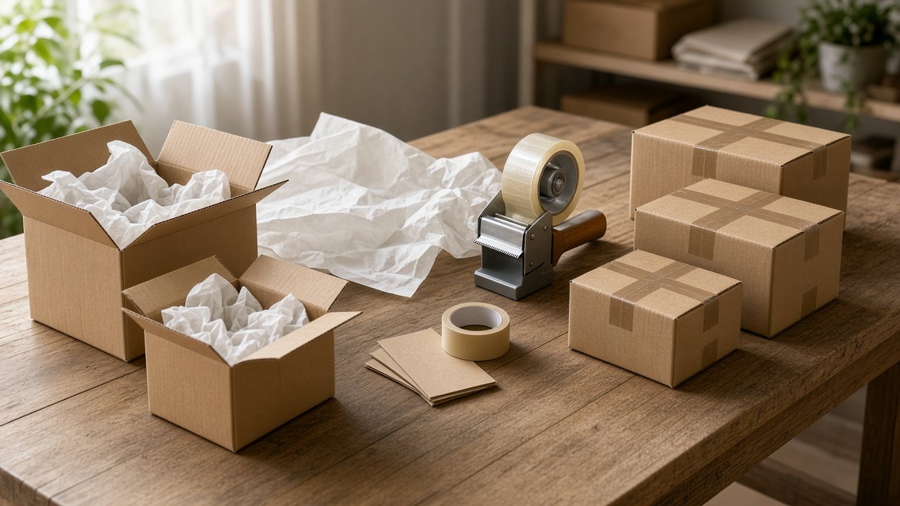Packing materials and sealed parcels spaced along a long timber table