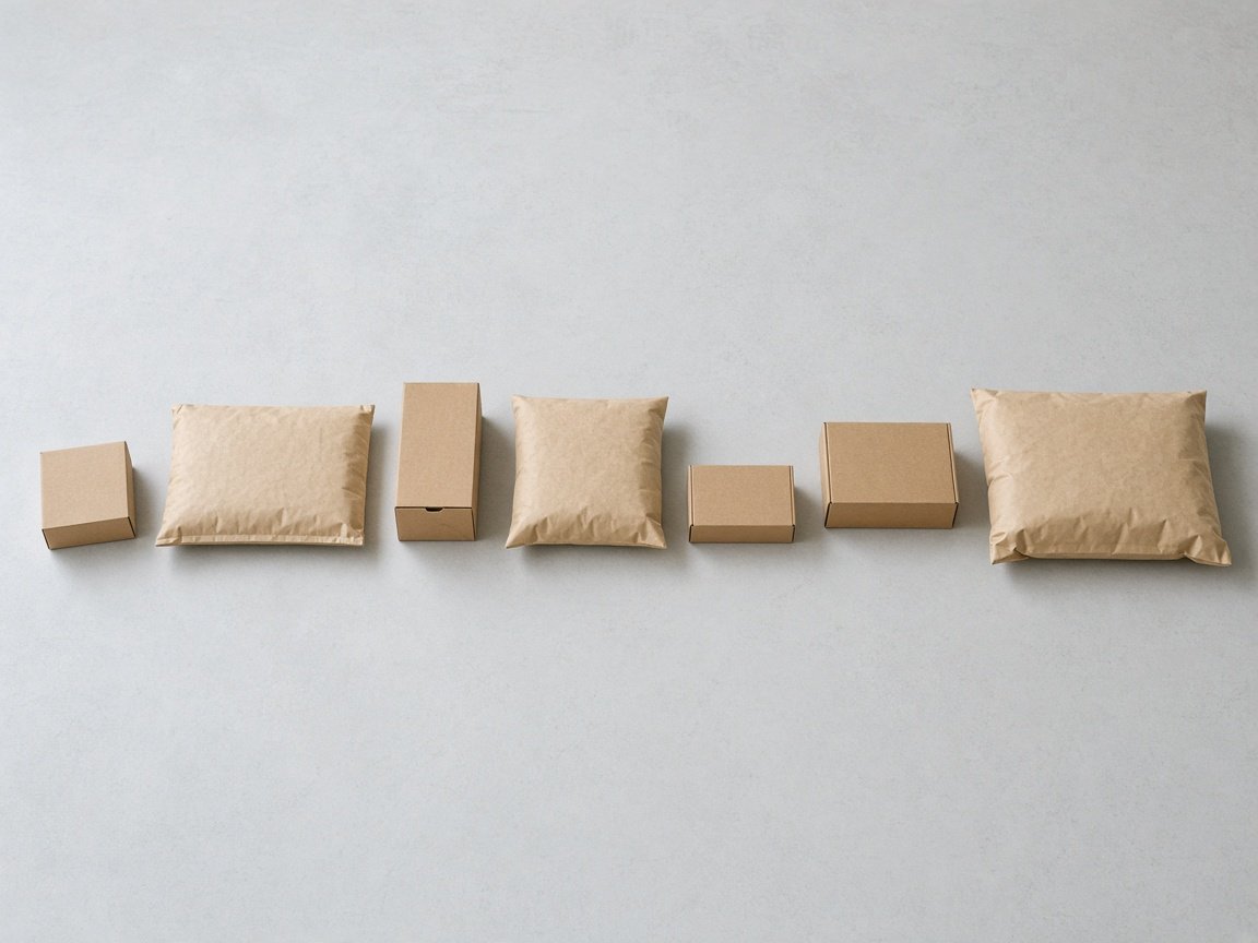 Kraft parcels arranged in a loose line with unequal gaps on a pale floor