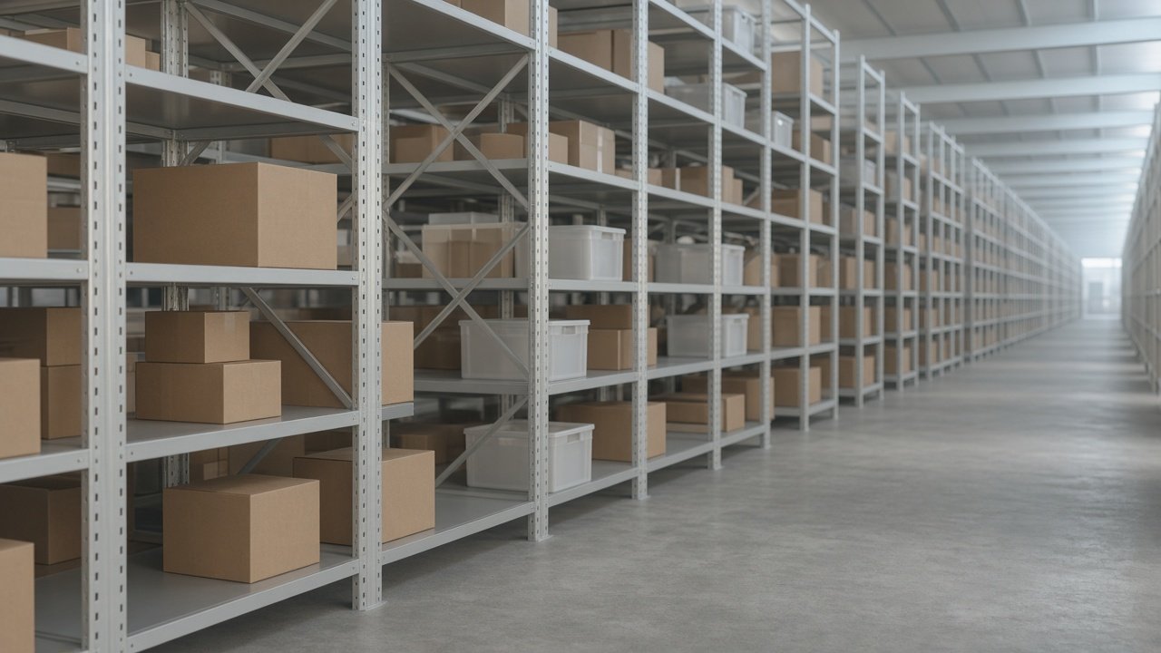 A long warehouse aisle of metal shelving repeating into daylight