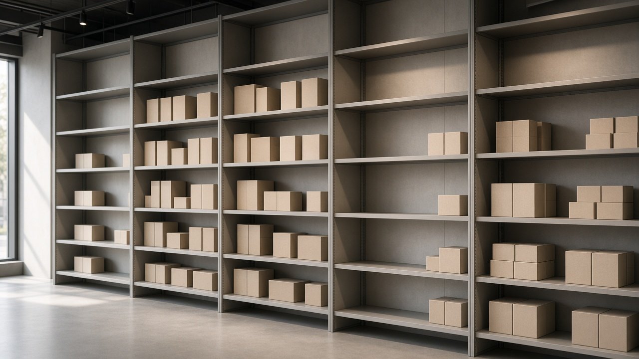 Quiet retail shelving bays with mixed density of boxed goods