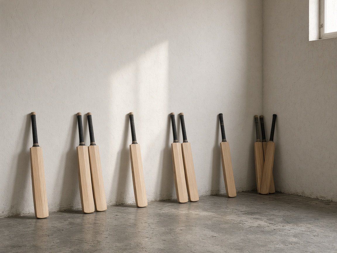 Wooden sporting equipment leaning against a wall at irregular intervals