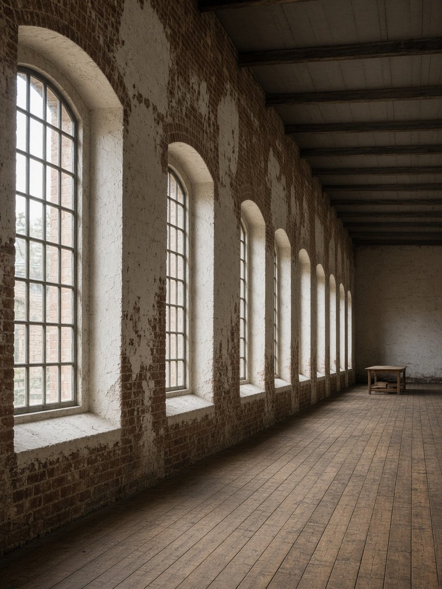 Interior of a converted brick warehouse with tall windows repeating down a long wall